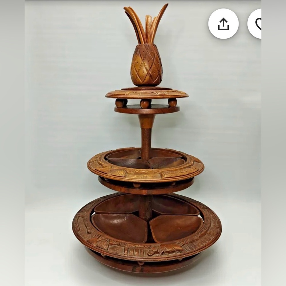 Lazy Susan Monkeypod from Hawaii 1974 Wooden Tiered Serving Tray w/Pineapple Top